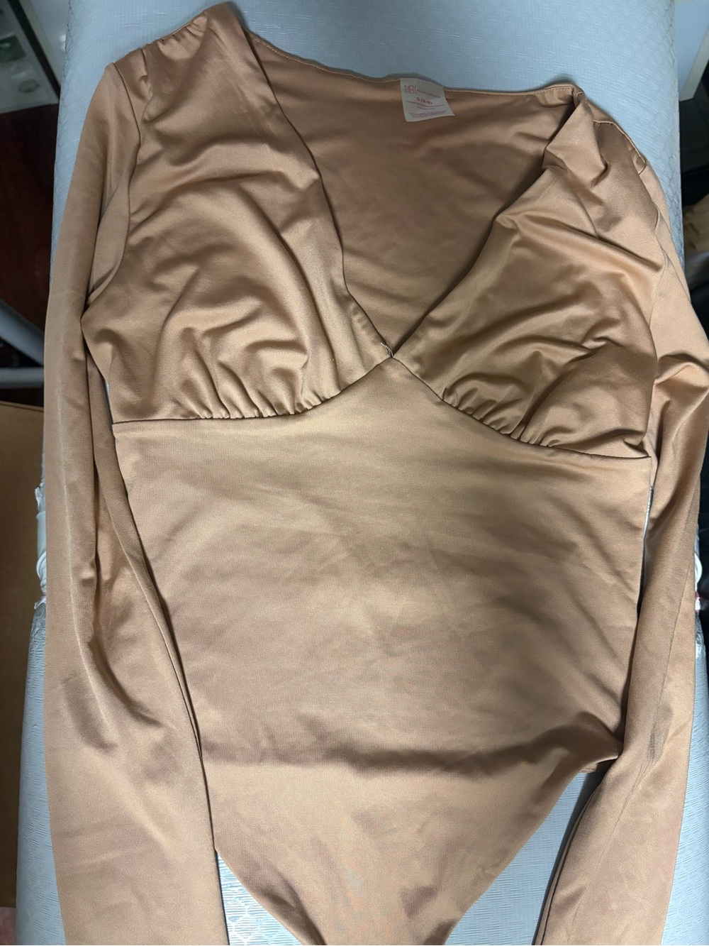 No Boundaries Long Sleeve V-Neck Bodysuit in Tan